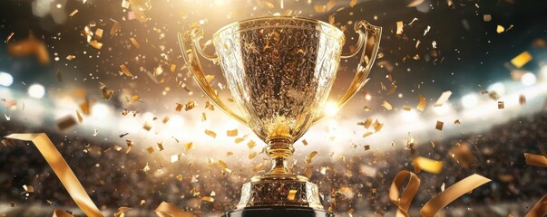 Golden trophy with confetti and spotlights for victory celebration