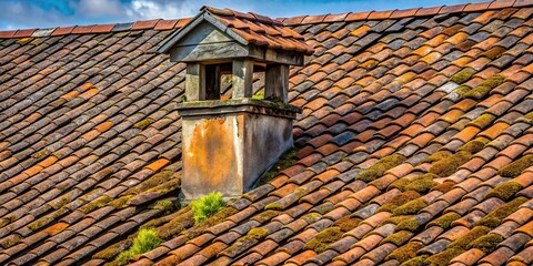 Old rooftop with weathered shingles, moss, and rusted chimney, weathered, rooftop, old, shingles, moss, rusted
