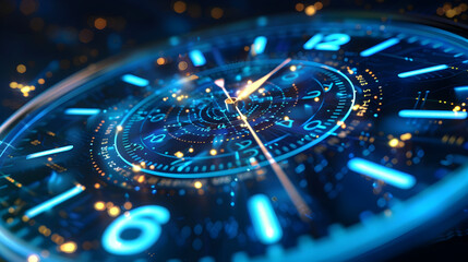 Futuristic Clock Face with Blue Glowing Numbers - 3D Illustration