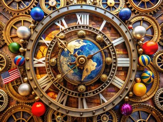Obraz premium A large, intricately designed clock face with Roman numerals and delicate gears, surrounded by miniature globes and flags, symbolizing global time zones and unity.