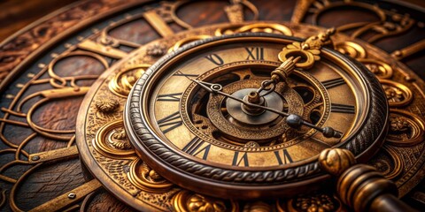Fototapeta premium A close-up shot of an antique metal clock with Roman numerals and intricate engravings on its circular face, surrounded by a worn leather strap.