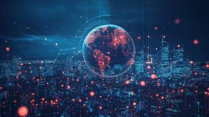 Obraz premium Abstract digital technology background with a glowing global network and connections, an earth globe on a cityscape at night sky.