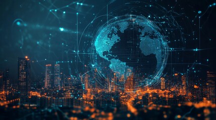 Abstract digital technology background with a glowing global network and connections, an earth globe on a cityscape at night sky.