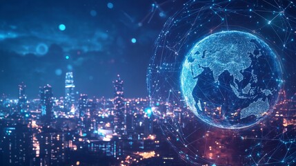 Abstract digital technology background with a glowing global network and connections, an earth globe on a cityscape at night sky.
