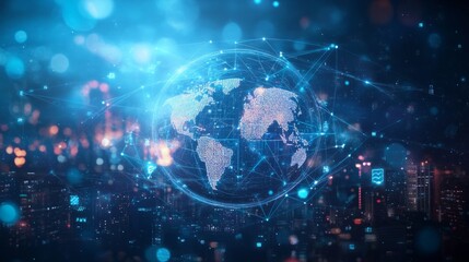 Fototapeta premium Abstract digital technology background with a glowing global network and connections, an earth globe on a cityscape at night sky.