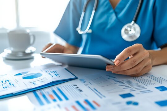 Healthcare professional analyzing medical reports and data on a tablet in a clinical setting. Focus on charts and graphs.
