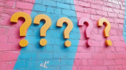 Colorful Question Marks on Vibrant Brick Wall Background with Blue and Pink Paint