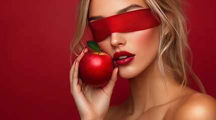 Woman wearing a red blindfold and holding a red apple