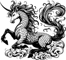 black and white kirin illustration, blue dragon kirin, isolated on white, Qilin the dragon of wise, editable stroke, ready for your design