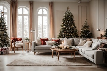 Obraz premium Empty christmas interior of living room. Scandinavian design