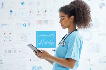 Medical professional analyzing patient data on a digital tablet, with medical charts and graphics in the background.