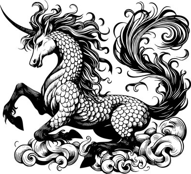 black and white kirin illustration, blue dragon kirin, isolated on white, Qilin the dragon of wise, editable stroke, ready for your design