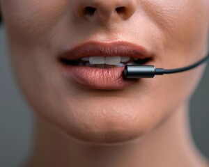 Close-up of a woman speaking into a headset microphone, showcasing professionalism in a communication environment.