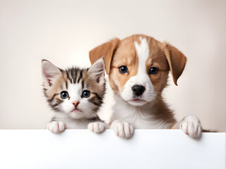 Obraz premium Cute kitten and puppy peeking out from the side of a white banner with room for text