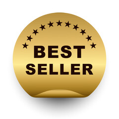 Best seller sticker label, Round Circle Curl gold shiny badge black Text and Stars Decoration vector isolated Premium Quality text product, for use to book cover label or your product the Best