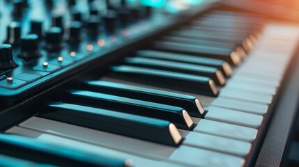 Close-up of piano keys and synthesizer controls, showcasing a blend of classic and modern music technology.