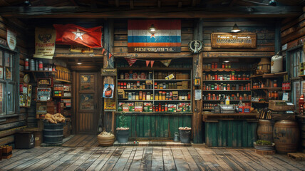 Vintage Country Store With Rustic Decor And Shelves Stocked With Goods