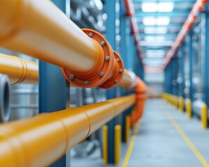 Close-up of vibrant orange pipes in a modern industrial facility, showcasing precision engineering and infrastructure design.