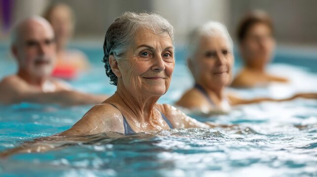 Senior adults participating in a water aerobics class in a pool, promoting fitness and healthy lifestyle for elderly community.
