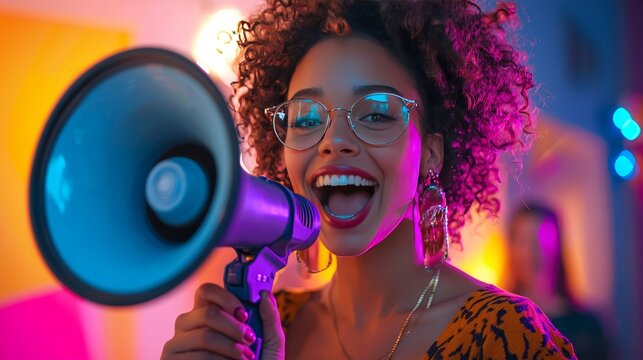 Smiling woman holding megaphone at colorful event