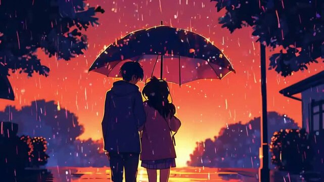 Lofi couple under umbrella in sunset - Powered by Adobe
