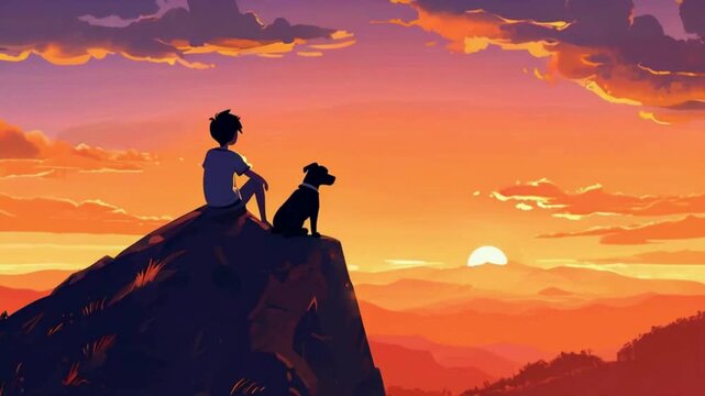 Sad lofi boy sitting on sunset mountain with dog animation