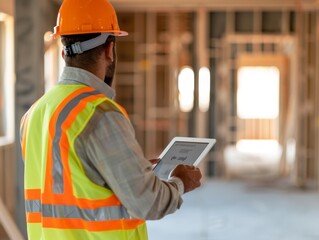 Fototapeta premium Construction worker in safety gear using tablet on job site, focusing on project updates and workflow management.