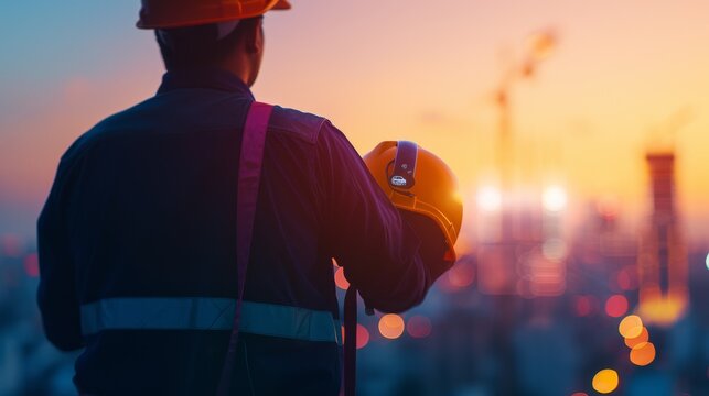 Construction worker observes sunset at a job site, symbolizing hard work and dedication in the building industry.