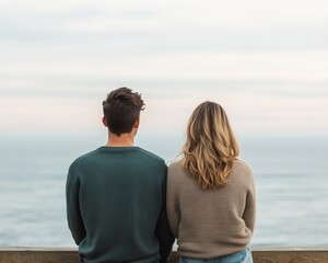 Fototapeta premium Couple enjoying a serene moment by the ocean, gazing at the horizon in a peaceful and romantic setting.