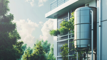 Fototapeta premium Modern building with metal water tank among green plants and trees
