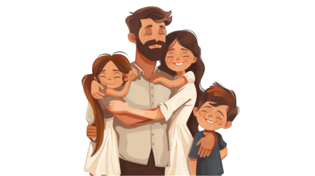 cartoon Father gently hugs his children and wife