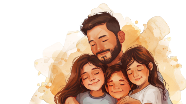 cartoon Father gently hugs his children and wife