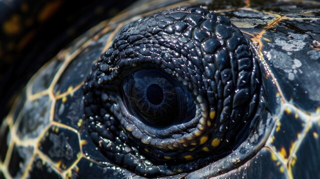 Close-up of turtle's textured eye with intricate skin pattern in vivid detail