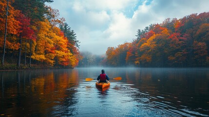 Person kayaking on a tranquil lake surrounded by autumn foliage