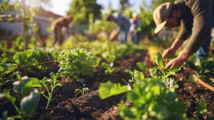 Diverse group gardening in vibrant community garden