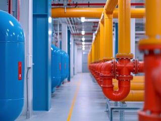 Industrial interior featuring colorful pipes and tanks in a modern facility. Ideal for engineering and infrastructure visuals.