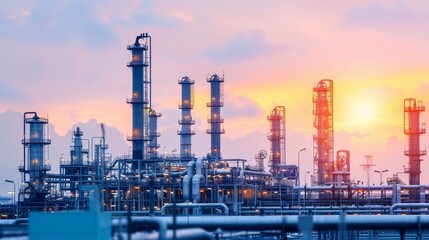 Obraz premium Industrial complex at sunset, showcasing modern infrastructure and energy production with vibrant skies in the background.