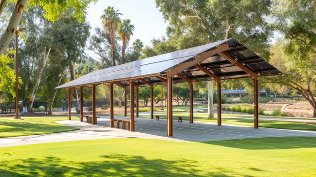Solar-paneled pavilion in sunny park surrounded by lush trees and manicured grass