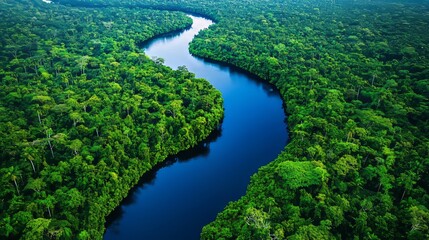 Fototapeta premium Aerial view of a winding river through lush green forest