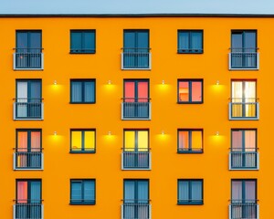 Vibrant apartment facade featuring colorful windows and warm lights, creating a cheerful urban atmosphere at dusk.