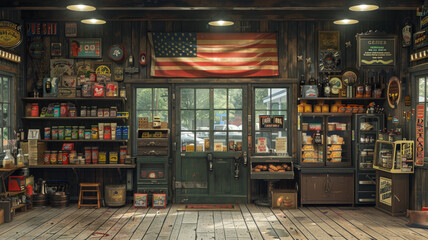 Rustic Country Store Interior With Vintage Decor And Shelves Of Local Goods