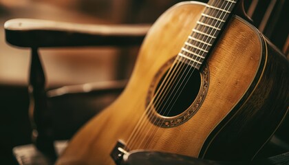 Fototapeta premium Close-up of a wooden acoustic guitar resting on a chair.