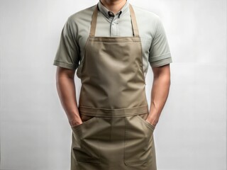 Blank mock up apron kaki color coffee shop barista  indoor lighting white background