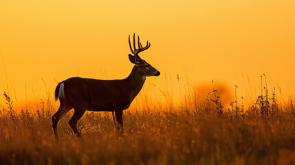 Whitetail Deer Buck Silhouette: Silhouette of a Whitetail Deer buck in a prairie landscape.