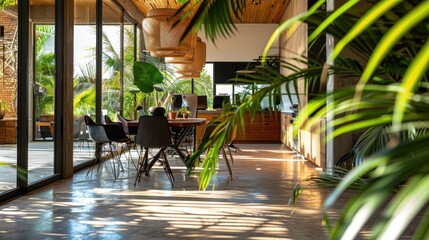 Sunlight streams into a stylish dining area adorned with lush greenery and modern furniture
