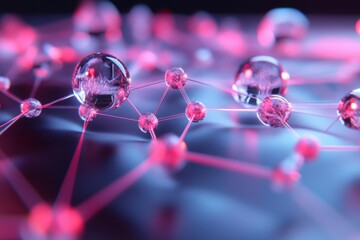 A stylized 3D graph features an intricate network pattern with axis labels floating within a translucent grid. 