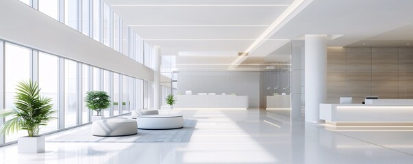 A high-resolution photo of a modern office lobby with clean lines and soft colors, professional and inviting,