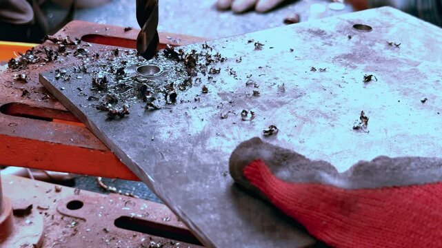 Video 4k agujero con broca y taladro de banco