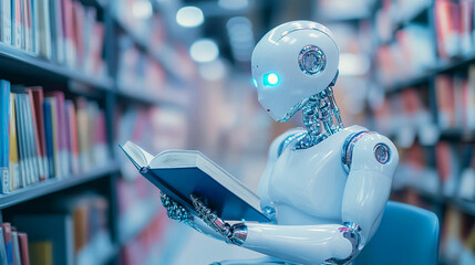 An artificially intelligent robot reading a book in a library.