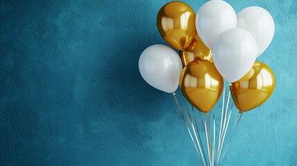 Bunch of gold and white balloons against a teal wall
